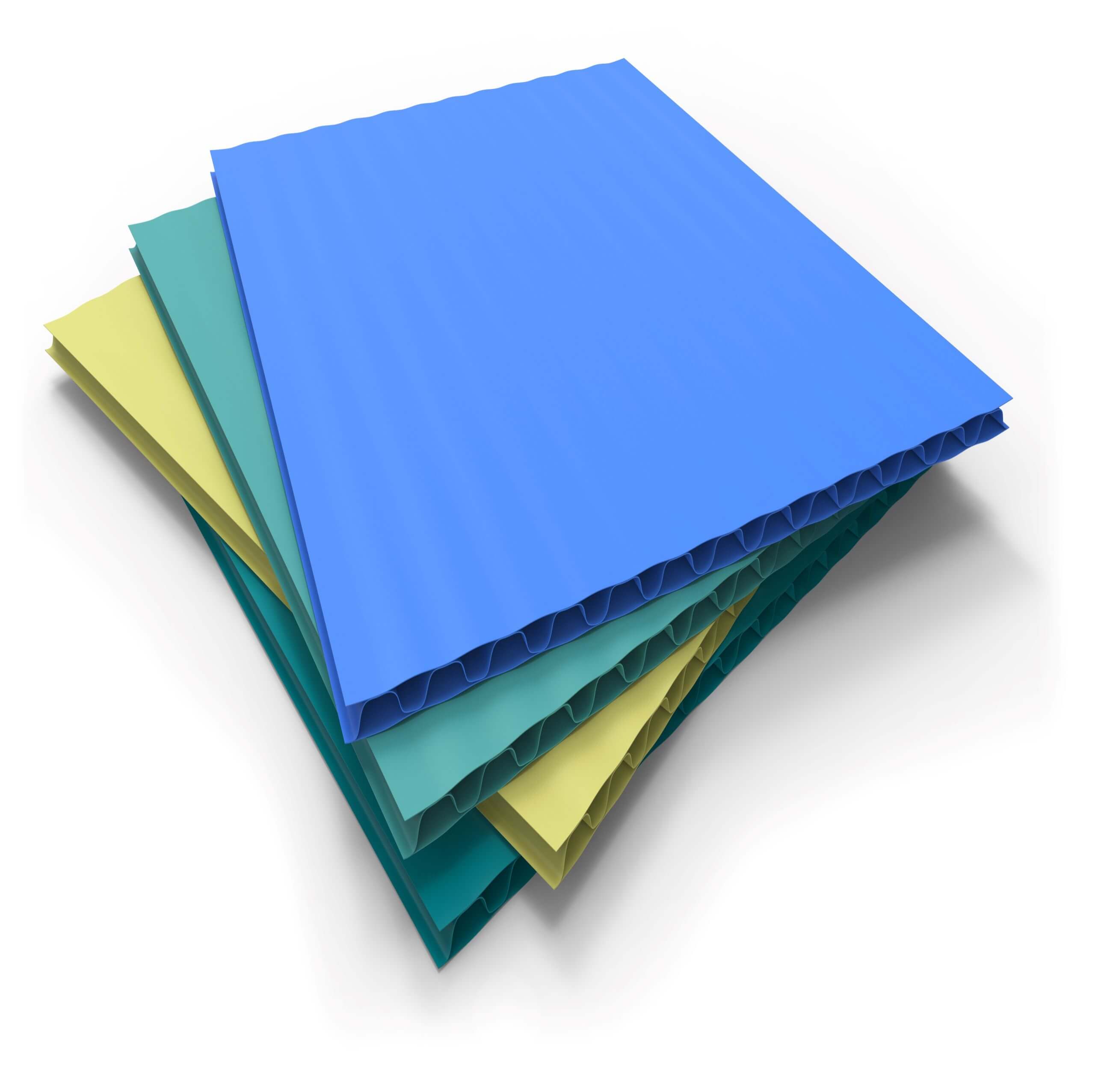 An image showing a pile of colourful corrugated plastic boards.