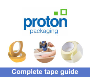 The tape guide images features the company logo alongside three tape related images - double sided tape, a person using polyprop tape and paper tape