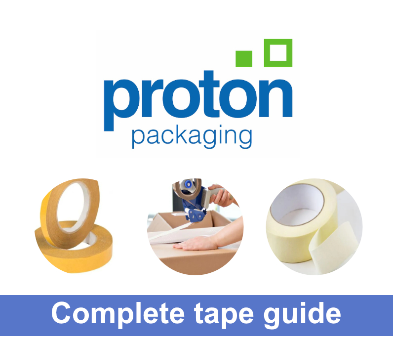 The tape guide images features the company logo alongside three tape related images - double sided tape, a person using polyprop tape and paper tape